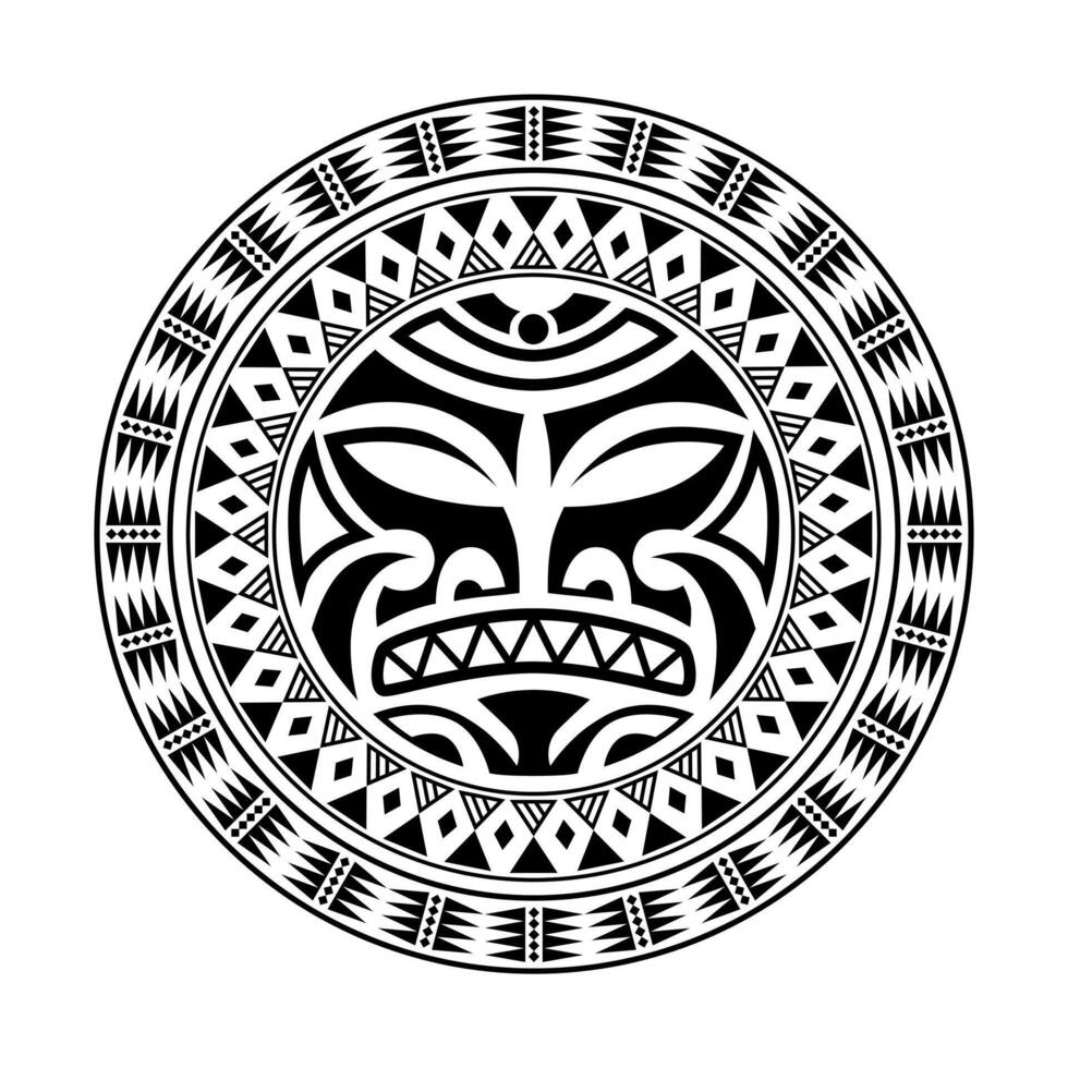 ornamento de tatuagem redonda com estilo maori de rosto de sol. máscara étnica africana, asteca ou maia. vetor