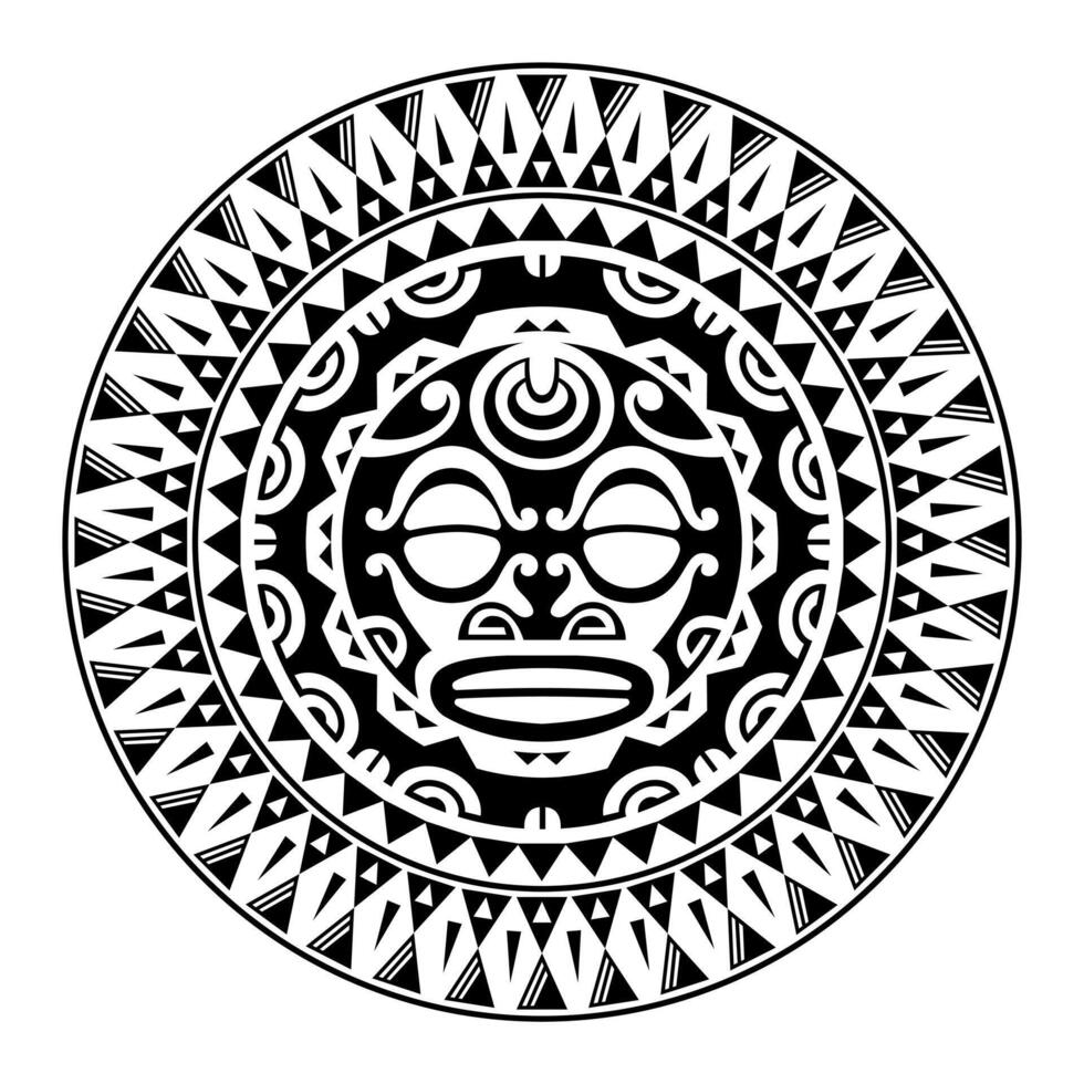 ornamento de tatuagem redonda com estilo maori de rosto de sol. máscara étnica africana, asteca ou maia. vetor