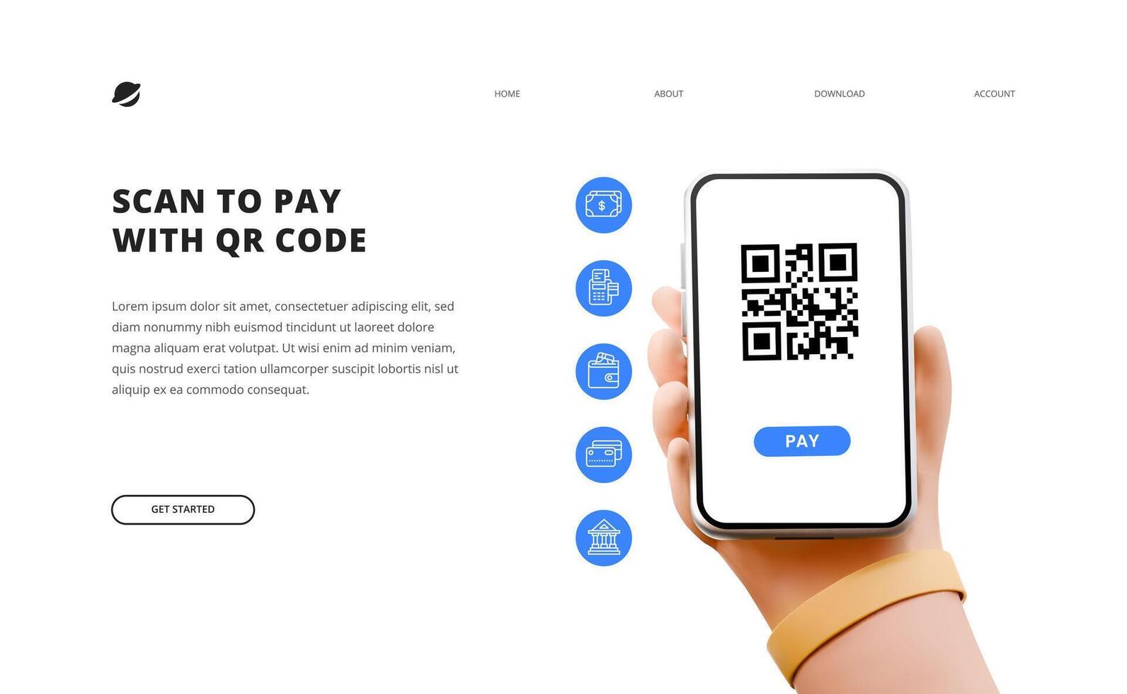 Varredura qr código para pagar. finança digital bancário comércio serviço. fofa desenho animado mão segurando telefone com o negócio finança ícone. vetor