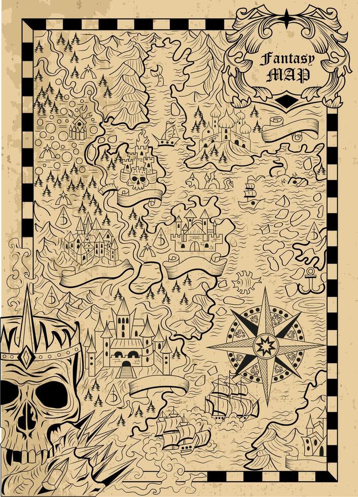 velho fantasia mapa com desconhecido terra, navios, crânio, bússola e criaturas em texturizado fundo. pirata aventuras, Tesouro caçar e velho transporte conceito. mão desenhado vetor ilustração.