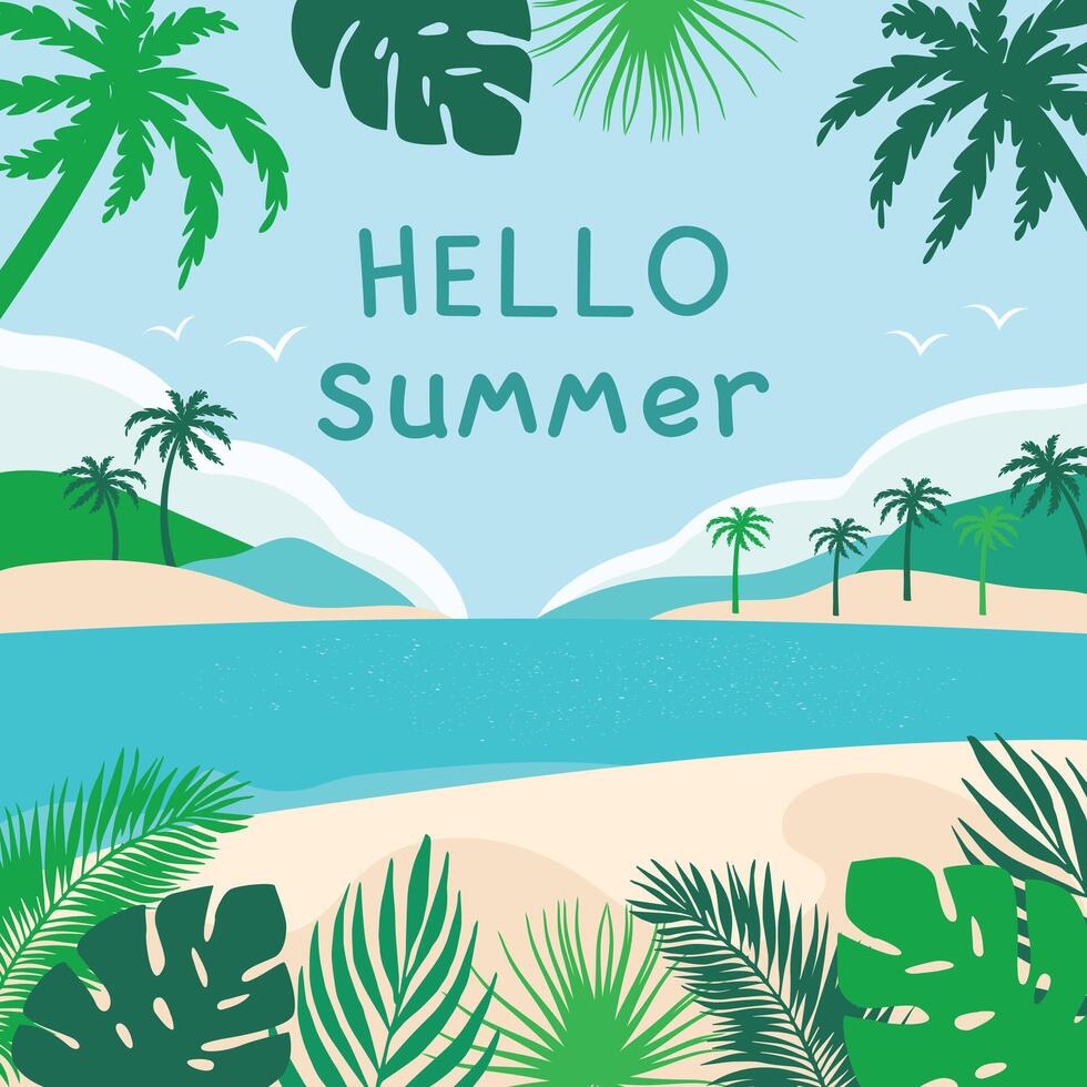 tropical de praia. ilustração com mar, Palma árvores e de praia. Olá verão. vetor