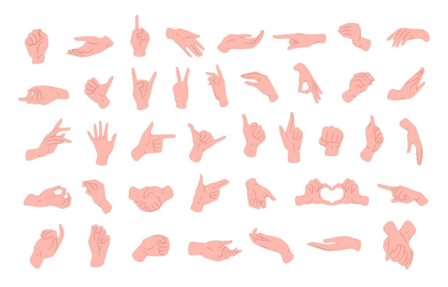 coleção do diferente mão gestos, sinais mostrando com Palma e dedos isolado em branco fundo. não-verbal ou manual comunicação, emocional expressões, corpo linguagem. vetor ilustração.