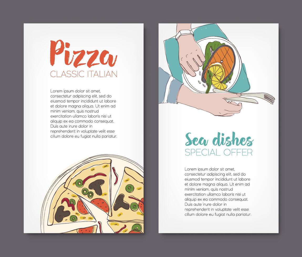 conjunto do folheto modelos com colorida desenhos do clássico pizza e grelhado salmão bife em pratos e Lugar, colocar para texto. mão desenhado vetor ilustração para pizzaria ou frutos do mar restaurante anúncio.