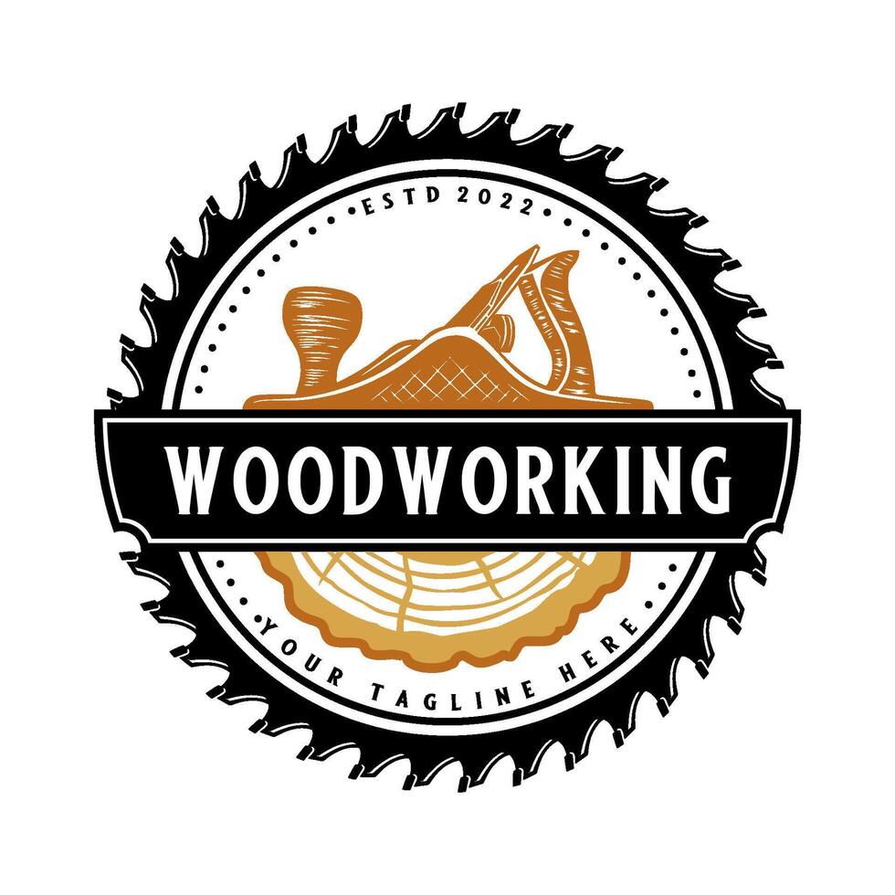 carpintaria logotipo. carpintaria ferramentas, com ilustração do mão avião e Serra lâmina, emblema forma, distintivo, dentro vintage estilo para carpinteiro vetor