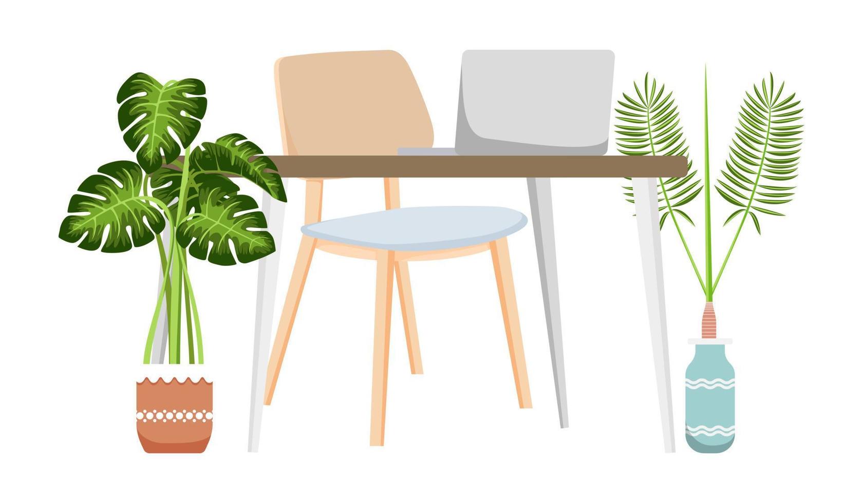 mesa bonita e moderna para escritório em casa com cadeira, mesa e plantas de casa vetor