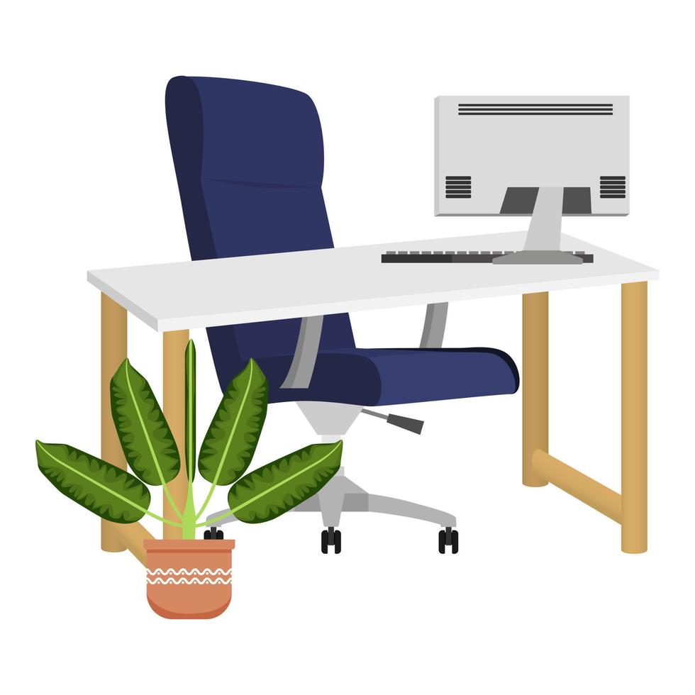 mesa com mesa de madeira moderna e poltrona de escritório moderna ajustável com belo design e visão 3D isolada com computador pc e plantas domésticas vetor