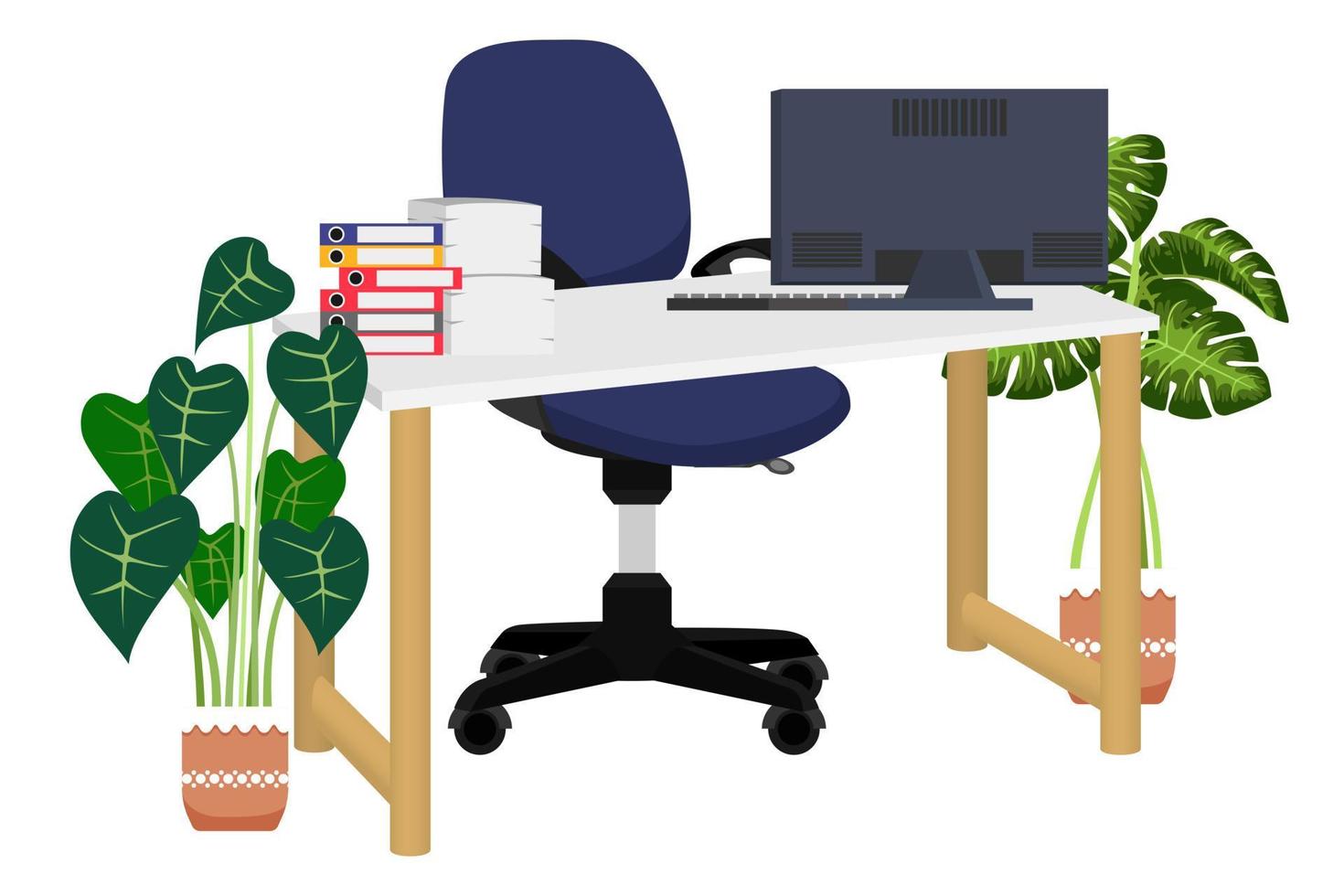 mesa com mesa de madeira moderna e poltrona de escritório moderna ajustável com belo design com visualização em 3D isolada com computador pc e plantas de casa com algumas pastas de arquivo de pilha de papel vetor