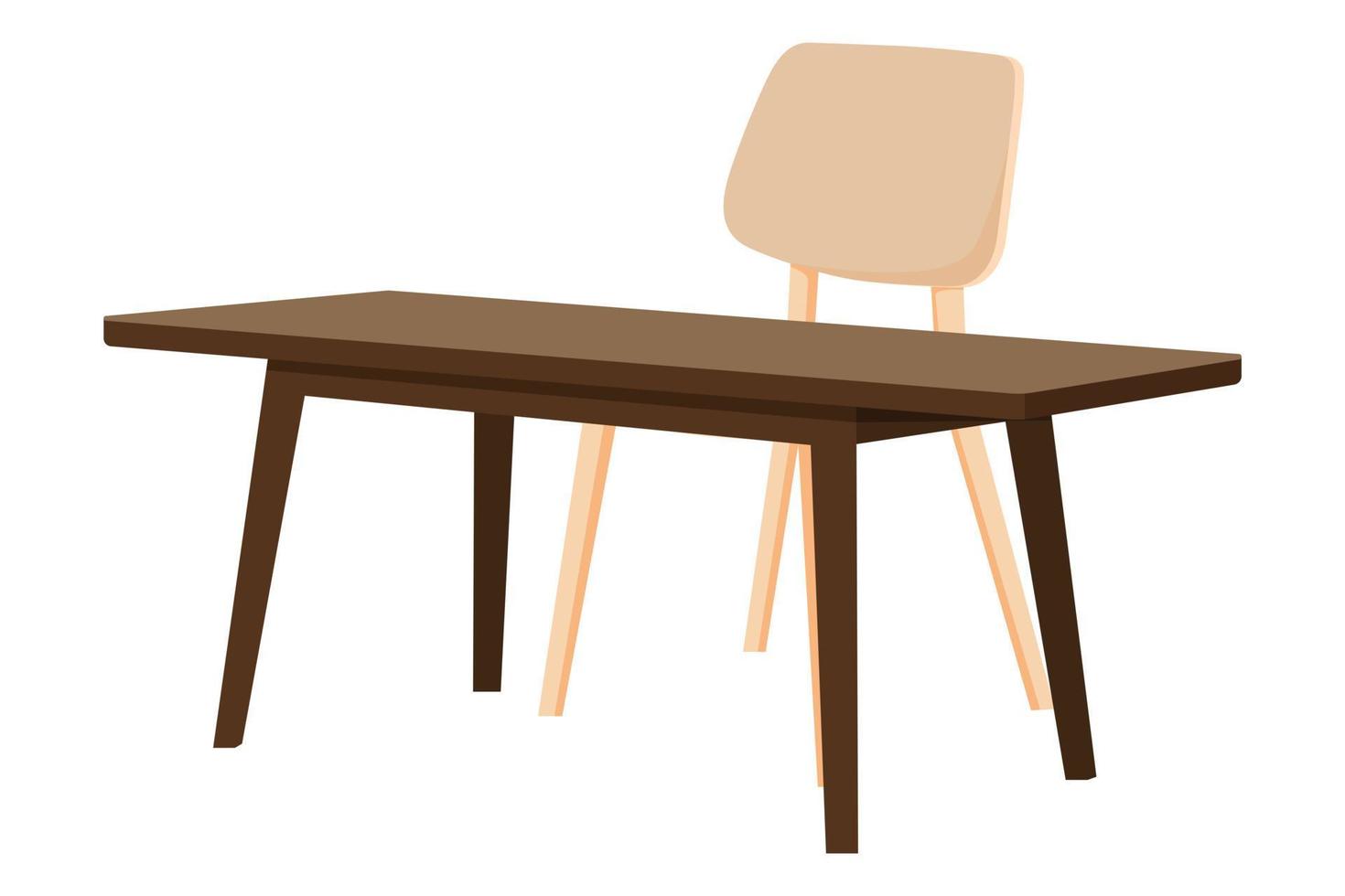 mesa com bela cadeira de madeira moderna e mesa com belo design com visão 3D isolada vetor