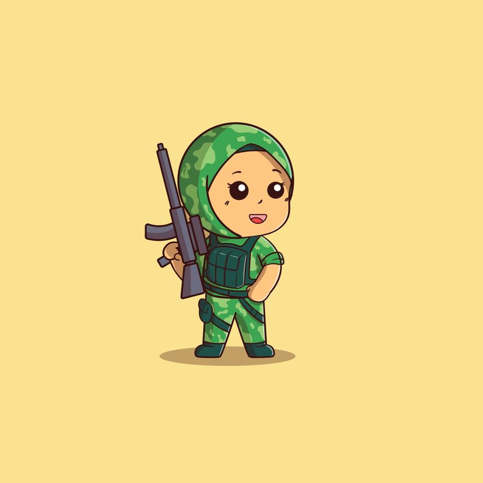 ilustração fofa de uma mulher soldado muçulmana posando com uma arma vetor