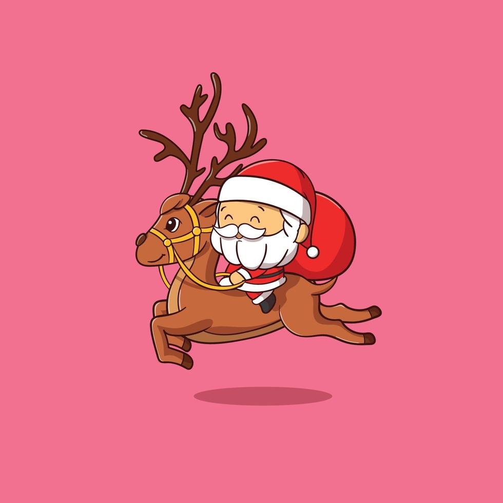 Papai Noel lindo cavalgando um veado em vetor premium de estilo cartoon plana