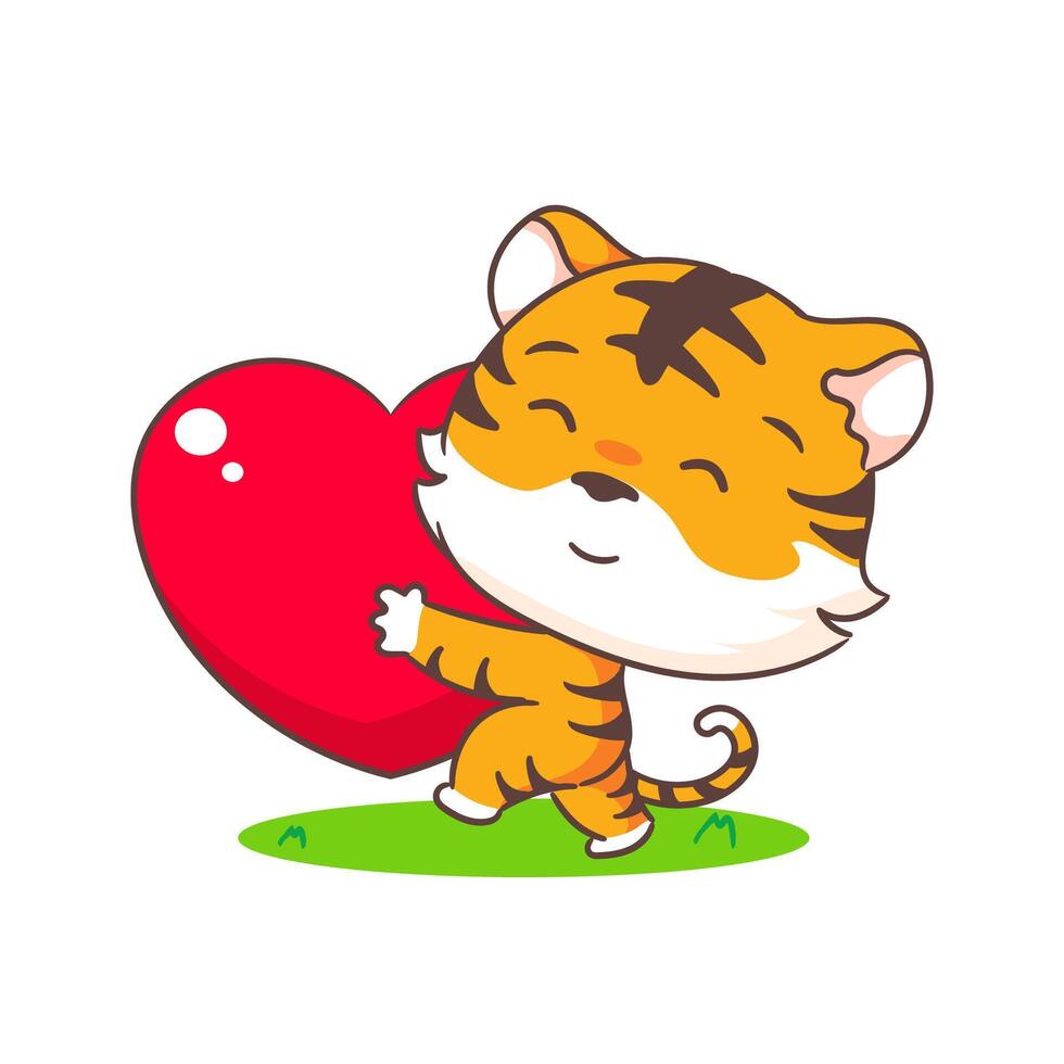 fofa pequeno tigre com amor coração desenho animado personagem. adorável animal conceito Projeto. vetor arte ilustração