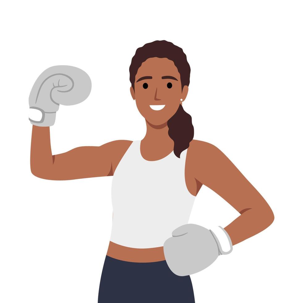 mulher dentro roupa de esporte com boxe luvas preparar para Treinamento ou exercite-se dentro academia. Forte menina boxer pronto para dar certo. esporte e exercício. vetor