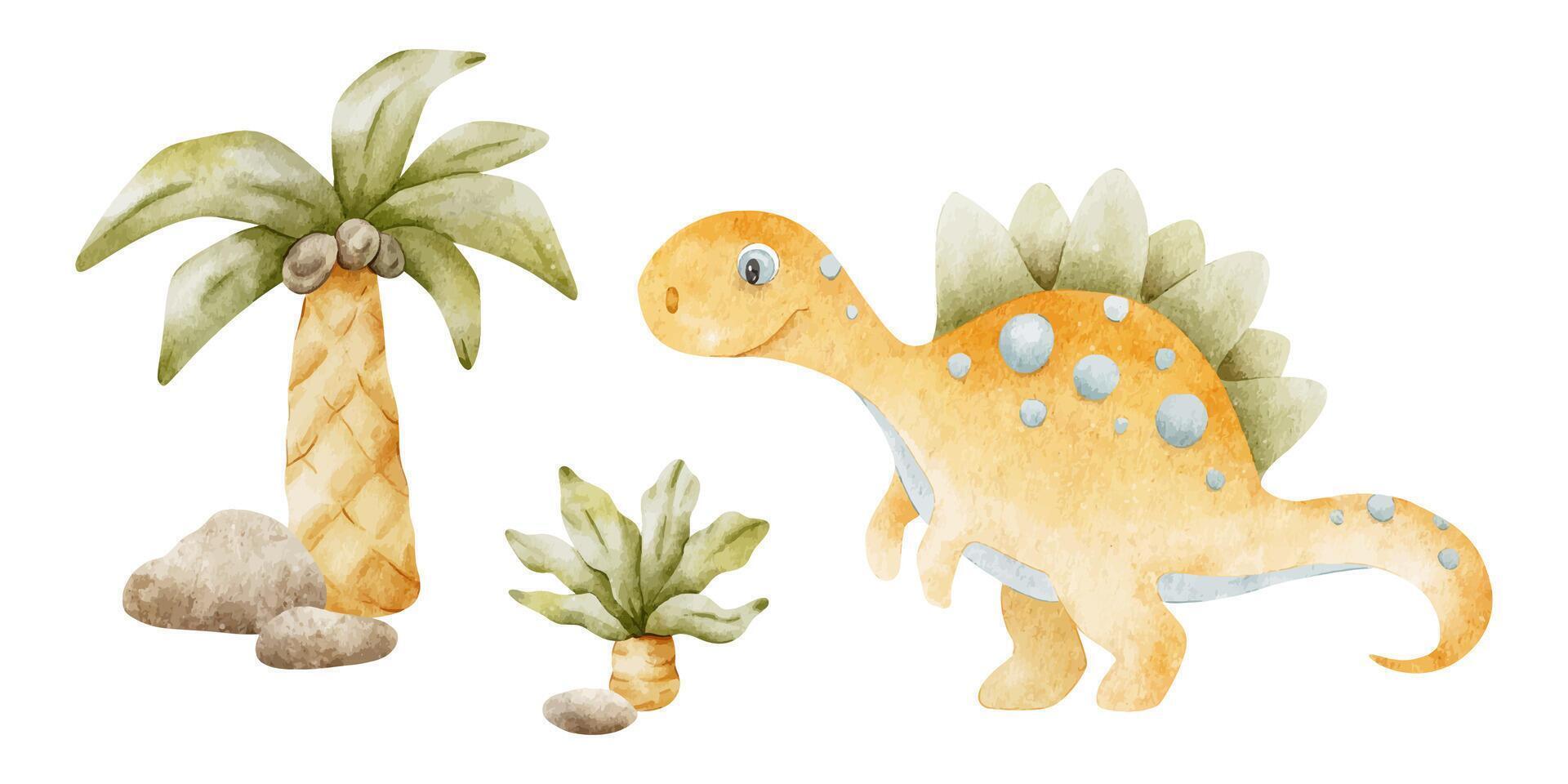 fofa laranja dinossauro, Palma árvores, pedras. isolado mão desenhado aguarela ilustração do dino. clipart do centrosaurus para crianças convite cartões, bebê banho, decoração do criança quartos roupas. vetor