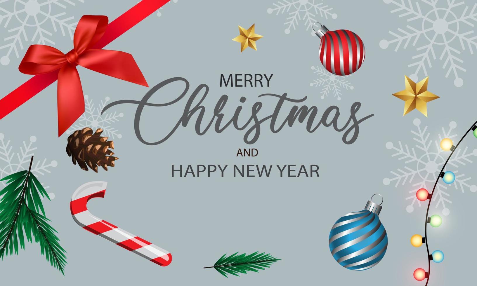 Feliz Natal e feliz ano novo laço vermelho fita cone de pinho ouro estrela prata bola em cinza com design de texto para fundo de vetor de celebração de festival de férias