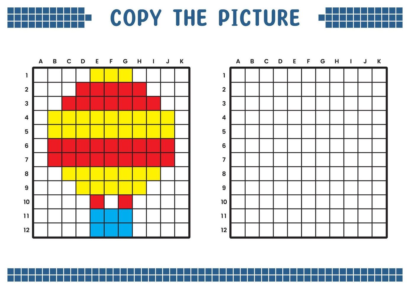 cópia de a foto, completo a rede imagem. educacional fichas de trabalho desenhando com quadrados, coloração áreas. crianças pré escola Atividades. desenho animado vetor, pixel arte. quente ar balão ilustração. vetor