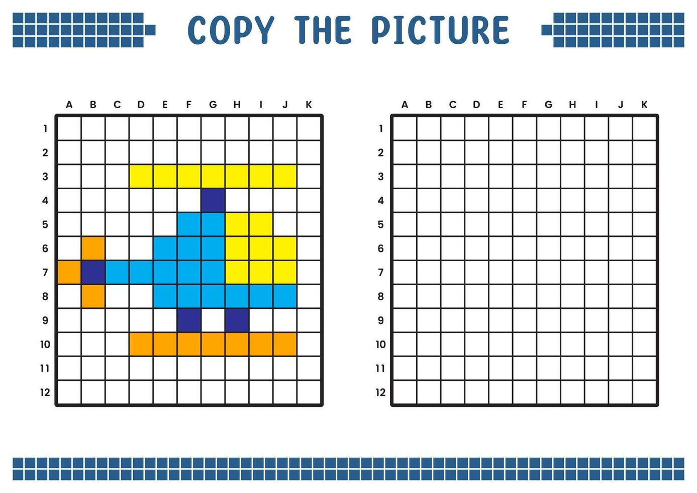 cópia de a foto, completo a rede imagem. educacional fichas de trabalho desenhando com quadrados, coloração áreas. crianças pré escola Atividades. desenho animado vetor, pixel arte. helicóptero avião ilustração. vetor