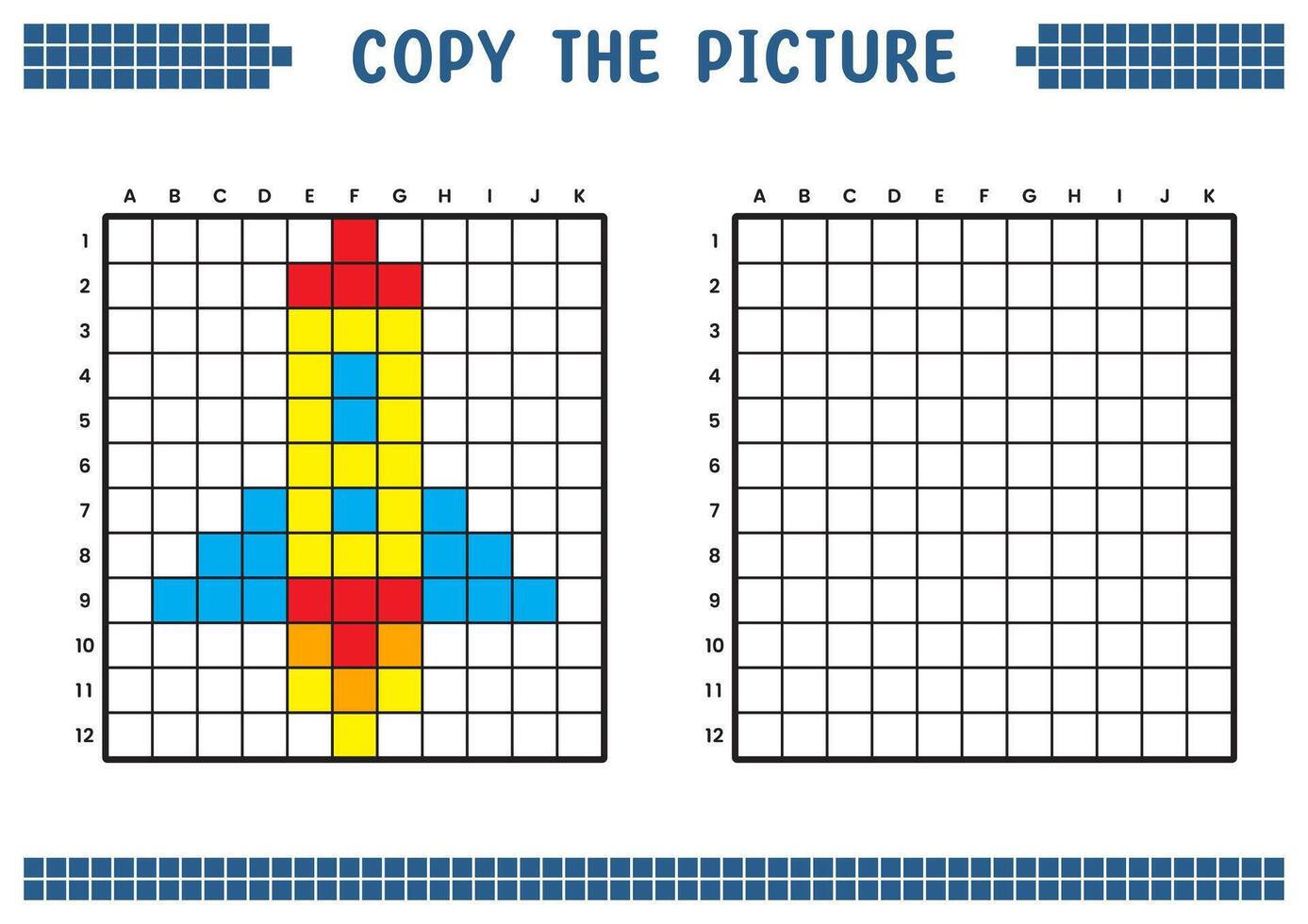 cópia de a foto, completo a rede imagem. educacional fichas de trabalho desenhando com quadrados, coloração célula áreas. crianças pré escola Atividades. desenho animado vetor, pixel arte. espaço foguete ilustração. vetor