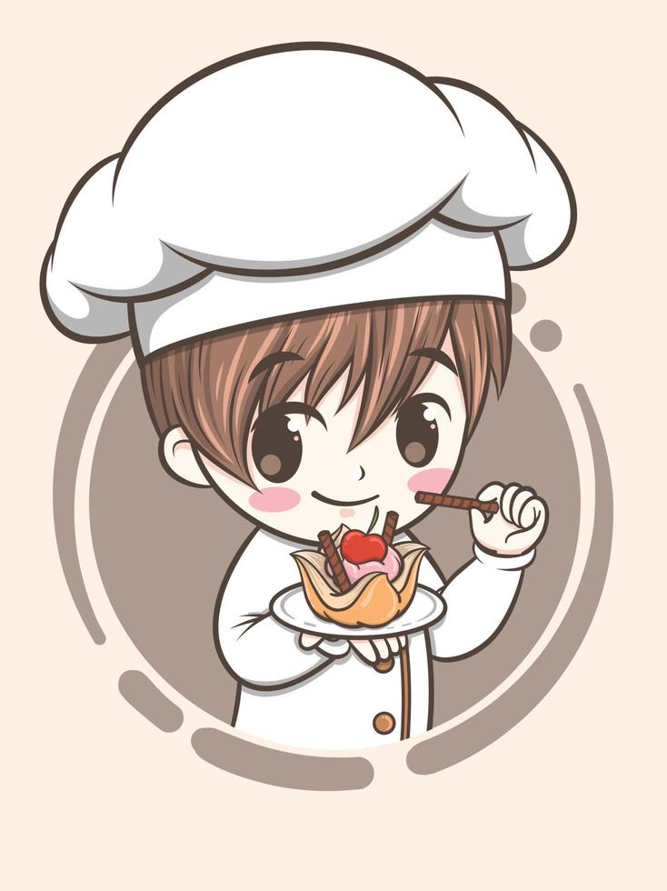 menino chef de padaria fofo segurando um bolo e pão - personagem de desenho animado e ilustração do logotipo vetor