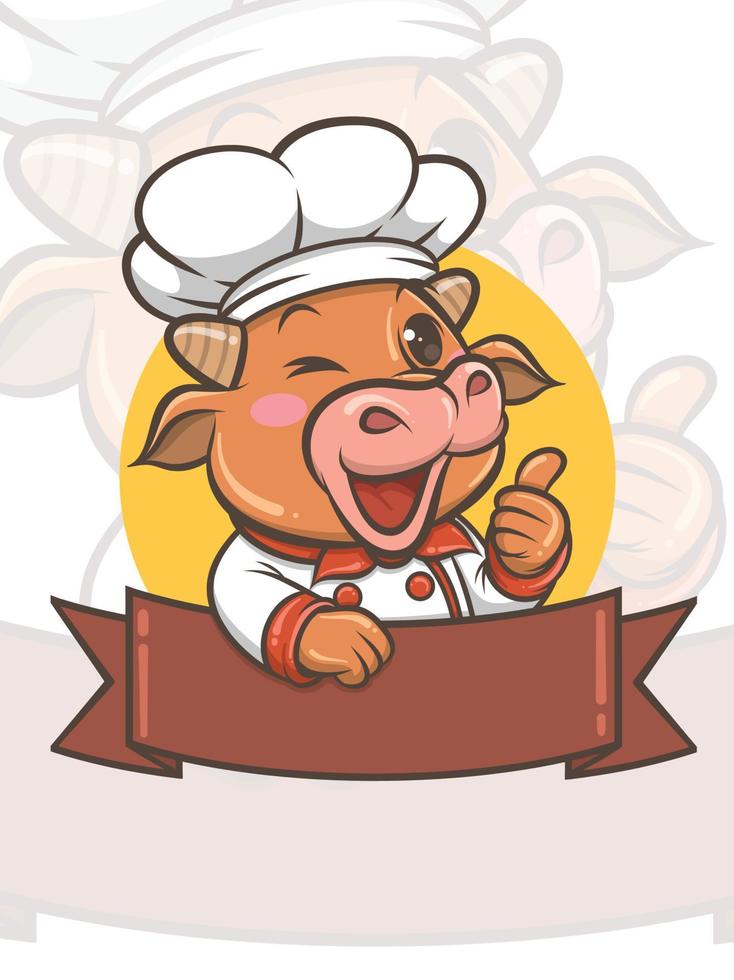 personagem de desenho animado bonito chef vaca - mascote e ilustração vetor