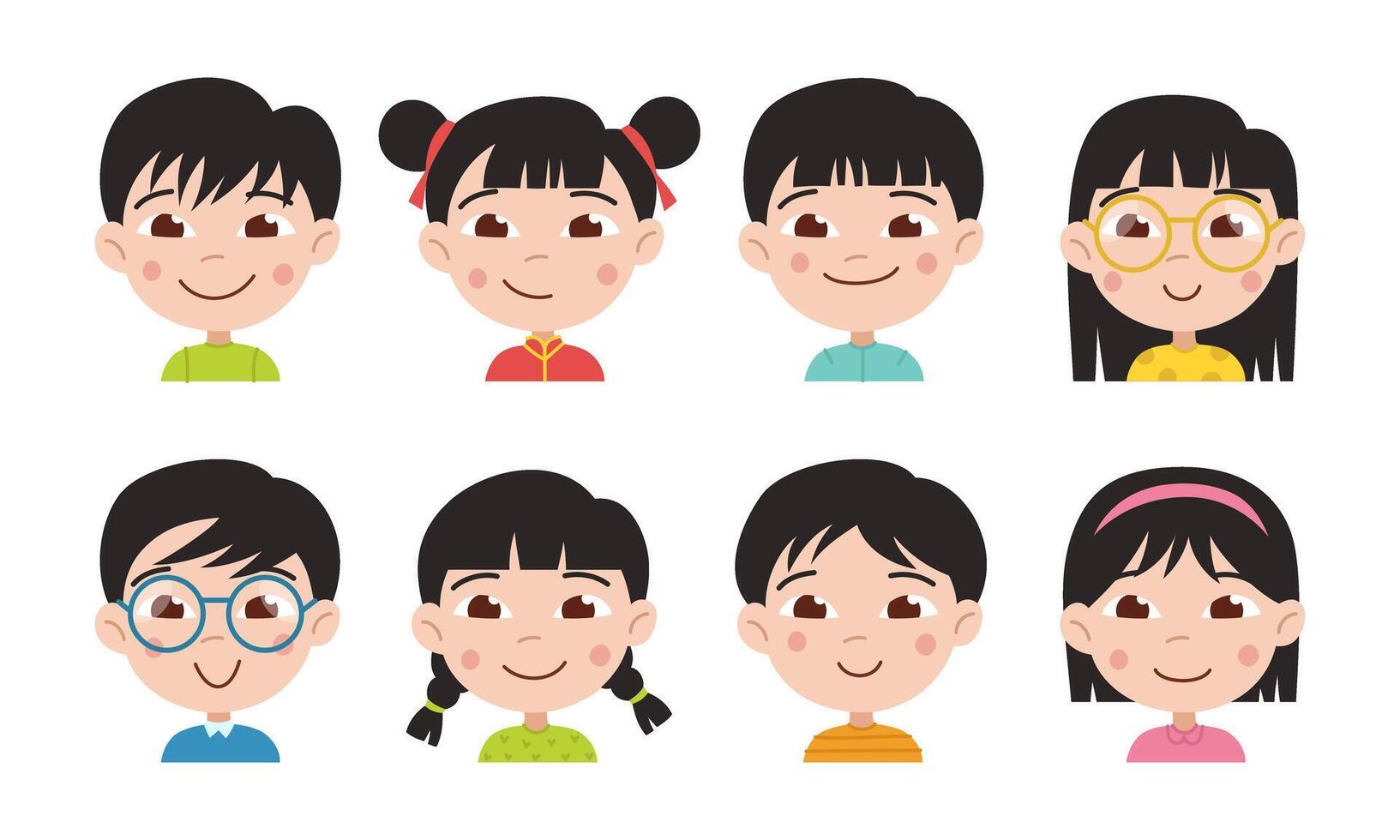 avatares do chinês crianças. feliz Garoto e garota. cabeça, retrato. vetor plano desenho animado ilustração isolado