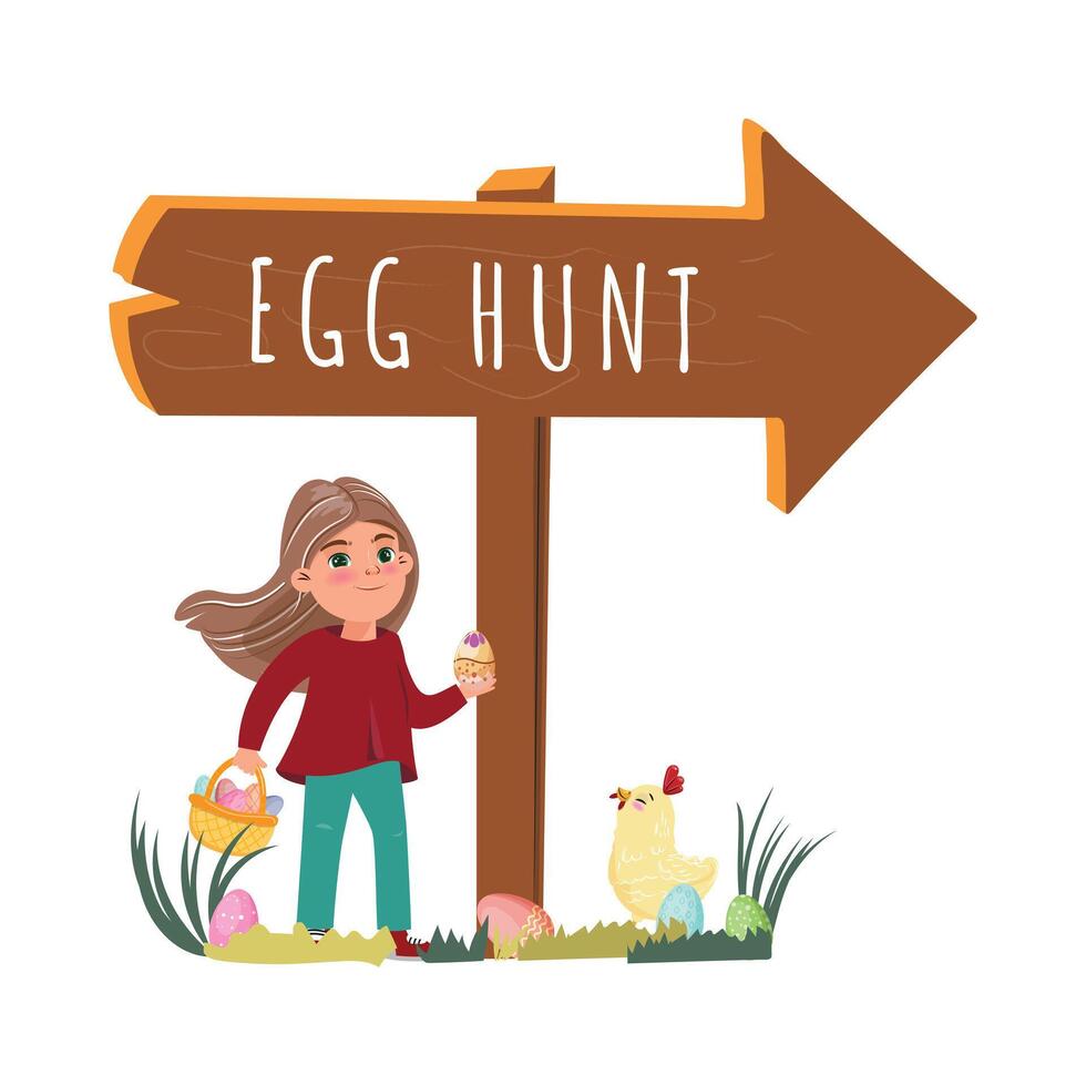 menina com ovos Próximo para a ovos caçar escudo e pequeno pintinho caminhando vetor