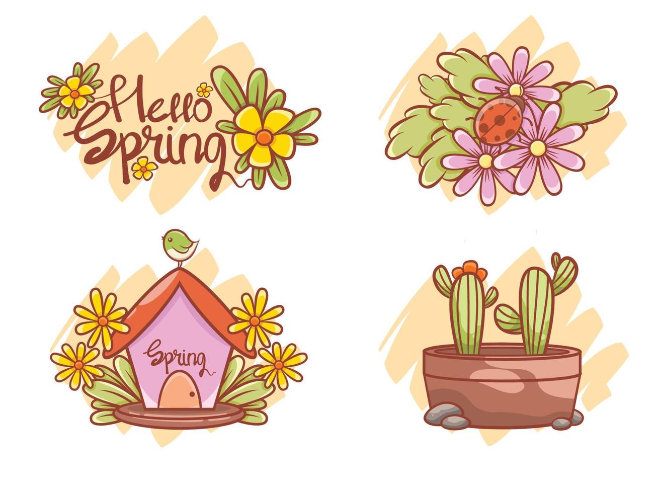 cartão de personagem e ilustração de desenho animado de elemento de primavera bonita. Olá, conceito de primavera. vetor