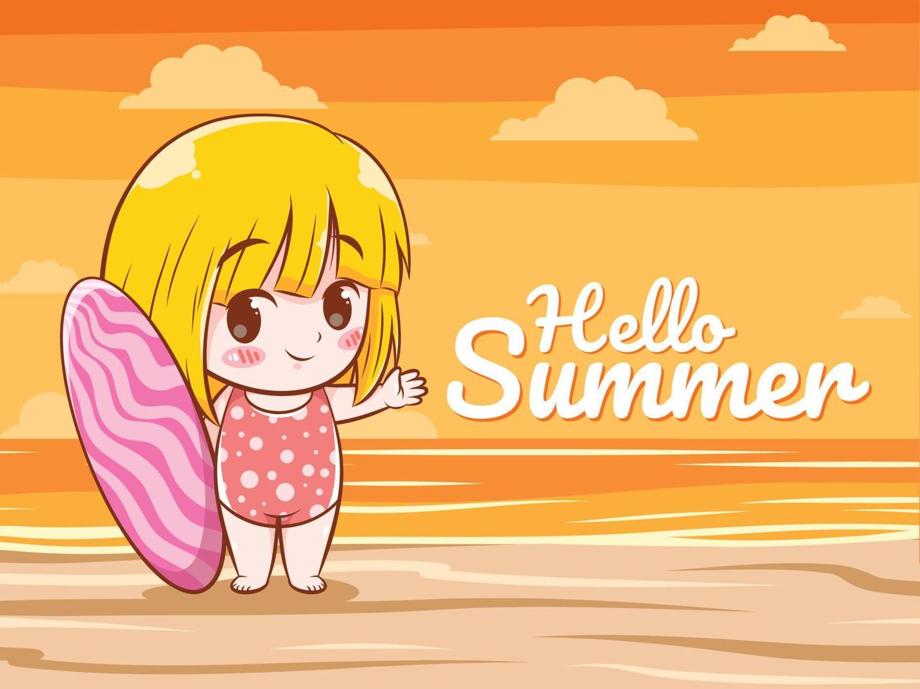 uma linda garota diz Olá verão. ilustração do conceito de saudação de verão. vetor