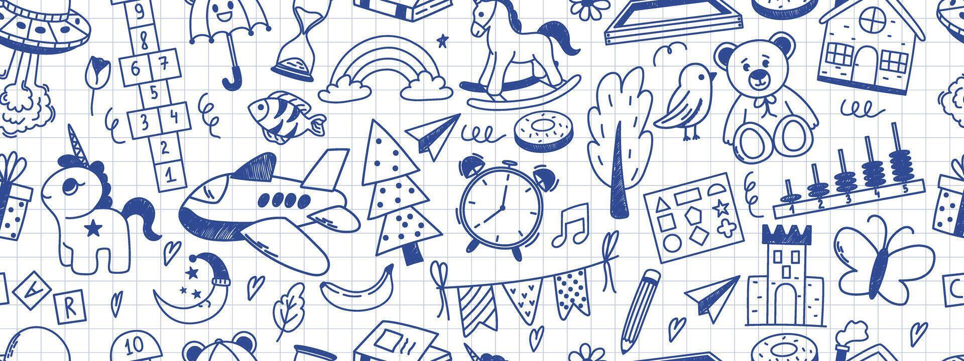 desatado padronizar com creche doodle. amarelinha, brinquedos, flor, guarda-chuva, casa, livro e de outros elementos. rabiscado com giz textura. vetor