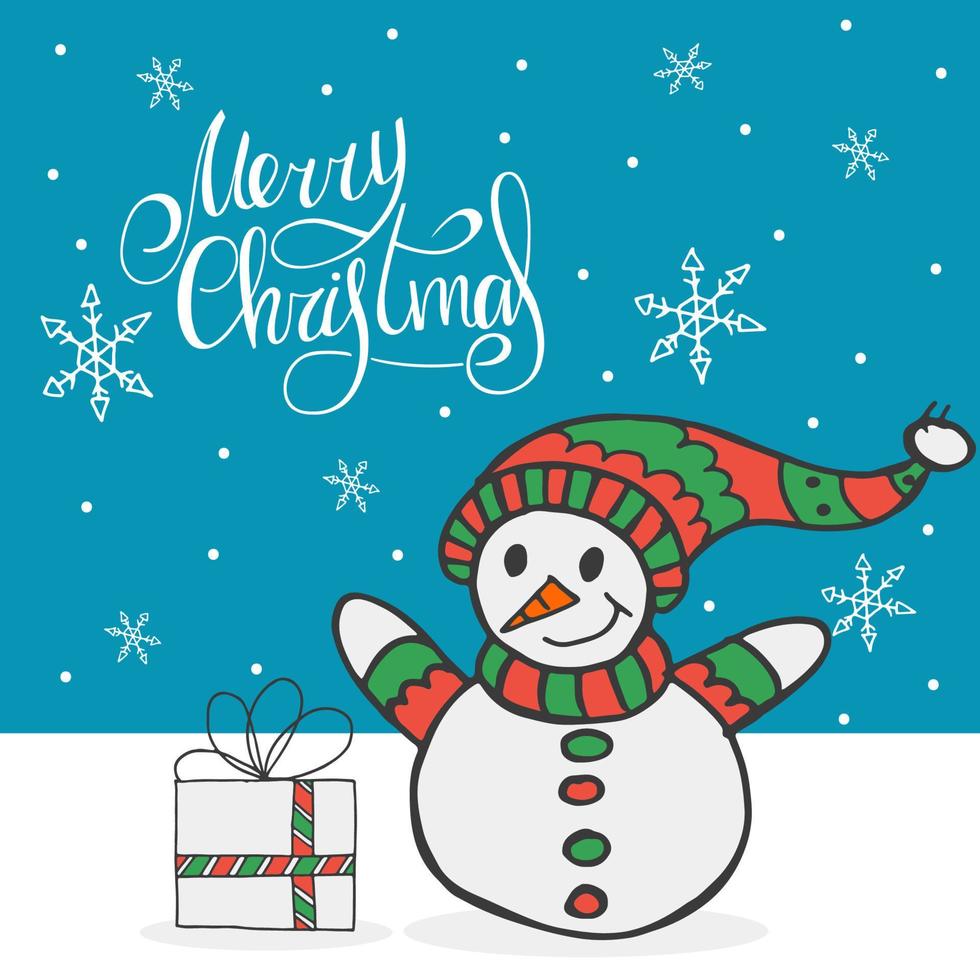 um boneco de neve com um chapéu vermelho e verde e um lenço com um presente no fundo dos flocos de neve caindo. letras manuscritas - feliz Natal. feliz ano novo 2022. doodle desenhado à mão. vetor