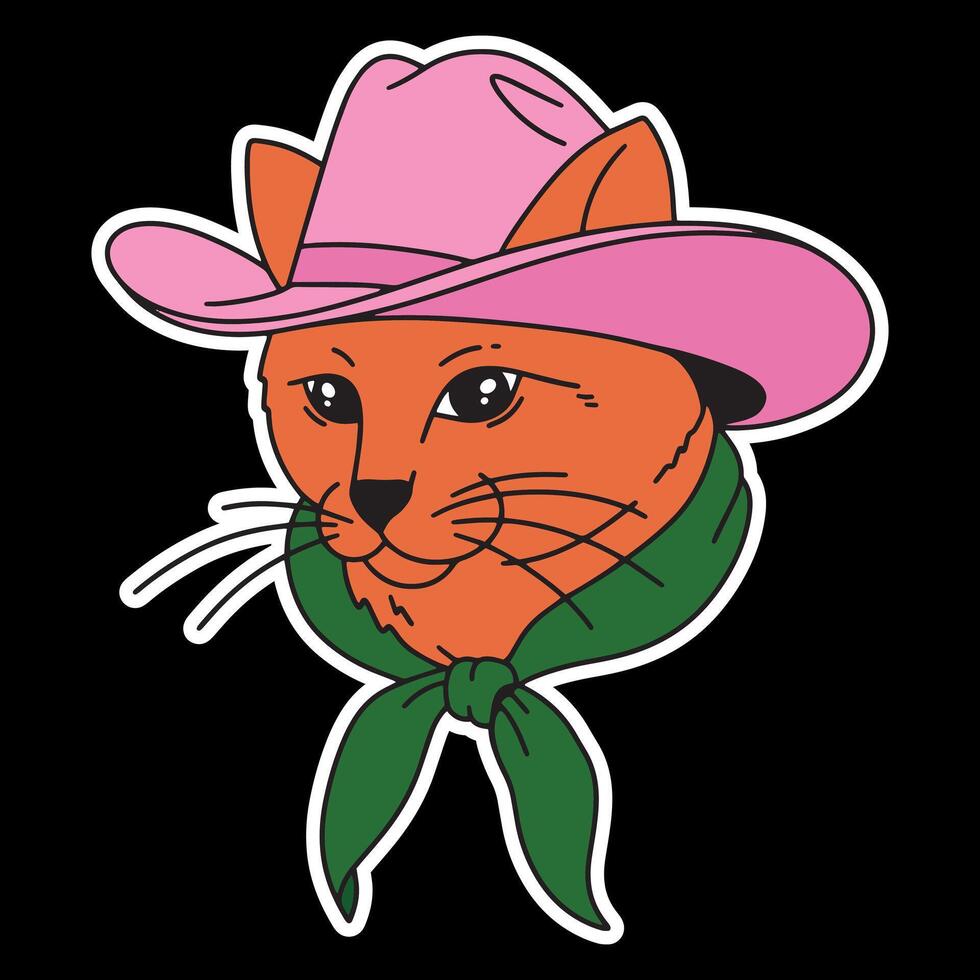 vetor ilustração do uma porteiro vermelho gato dentro uma Rosa vaqueiro chapéu, fofa e engraçado adesivo isolado em Preto fundo com branco contorno. na moda groovy estilo, selvagem oeste tema.