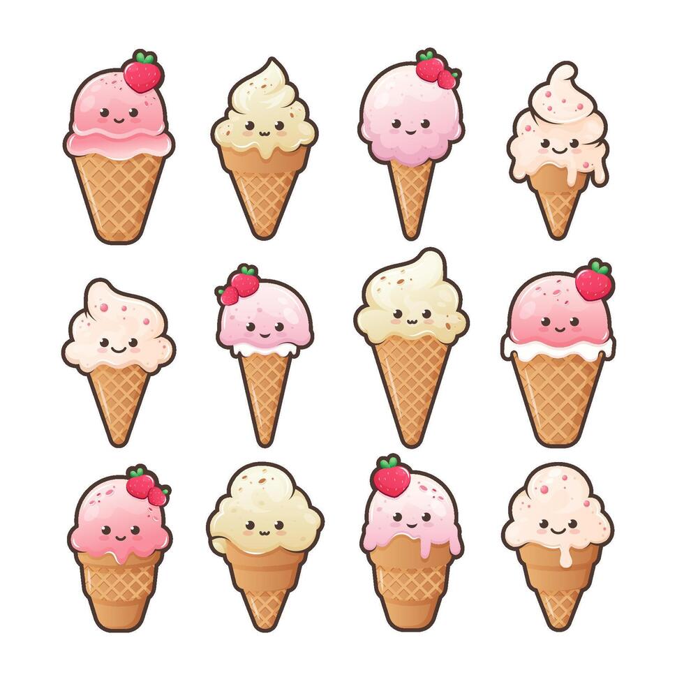 fofa desenho animado sorvete com engraçado face. kawaii gelo creme dentro waffle cone. doce Comida emoji definir. verão sobremesa vetor ilustração