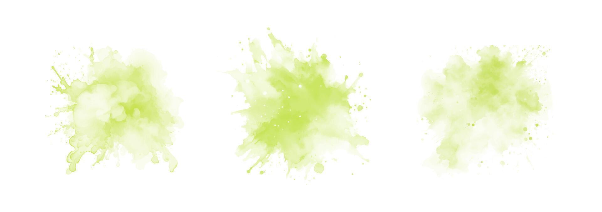 conjunto do abstrato verde aguarela água respingo em uma branco fundo. vetor aguarela textura dentro salada cor. tinta pintura escova mancha. verde respingos ver. aguarela pastel respingo
