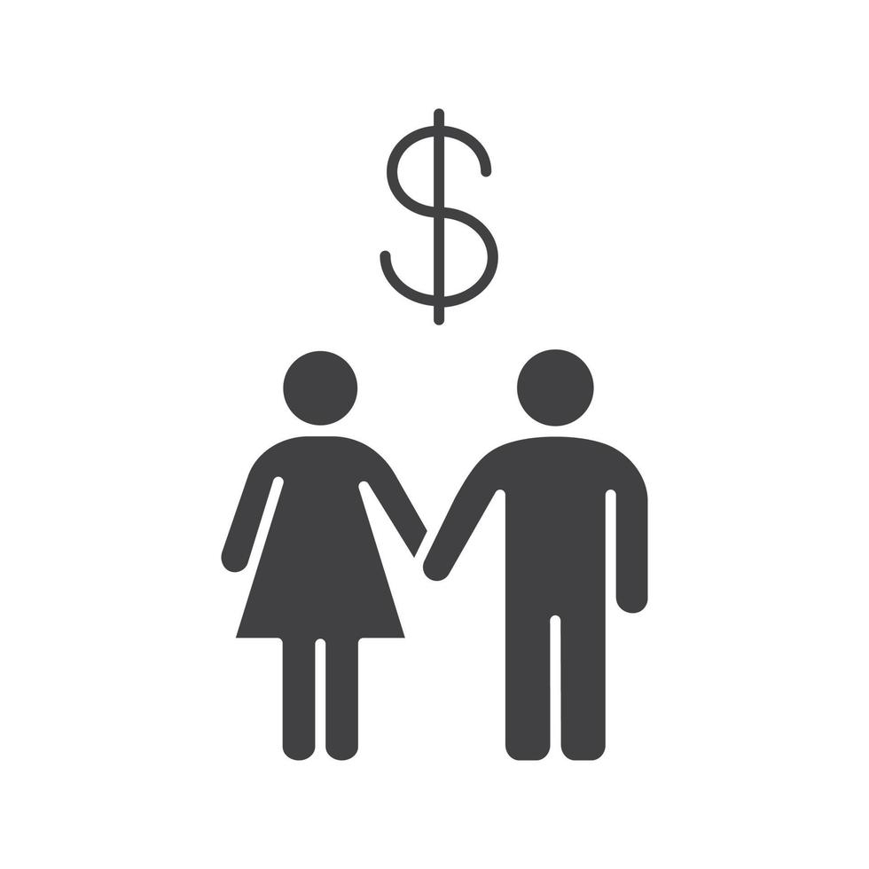 ícone de glifo do orçamento familiar. símbolo da silhueta. homem e mulher conosco cifrão acima. espaço negativo. ilustração isolada do vetor