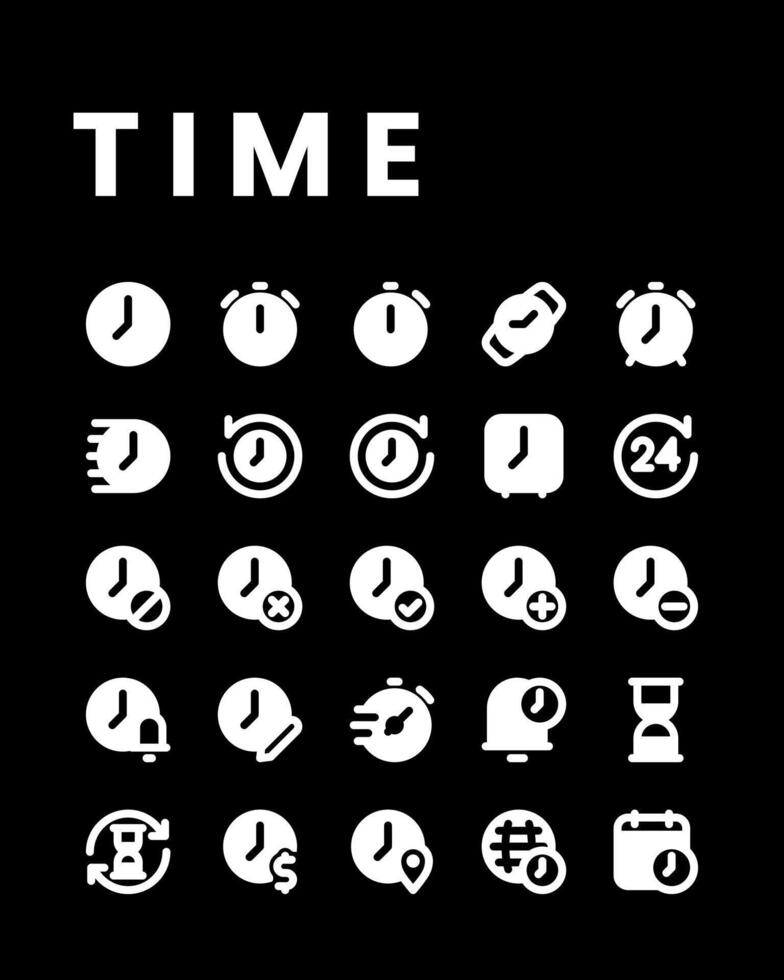 Tempo ícone coleções dentro glifo estilo, Incluindo assistir, hora, relógio, alarme, cronômetro, história, cronograma e outro. vetor