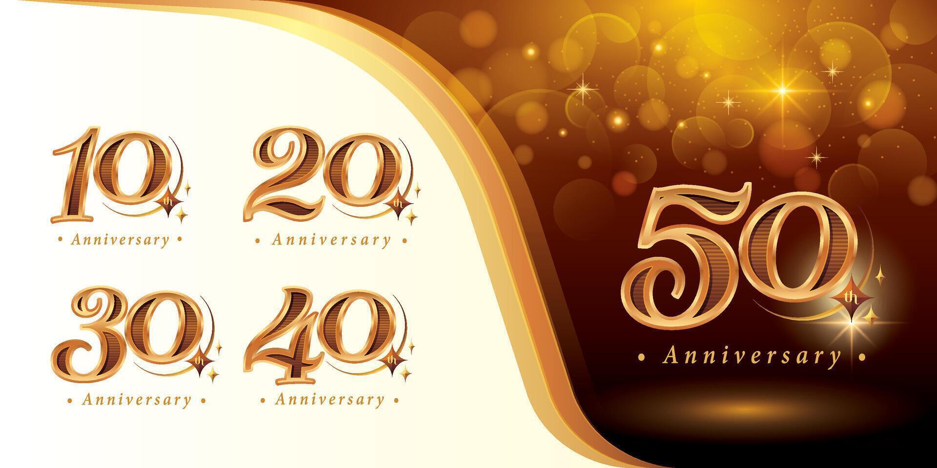 conjunto do 10 para 50. anos aniversário logótipo projeto, dez para cinquenta anos a comemorar aniversário logotipo, luxo dourado elegante clássico logotipo com Estrela vetor