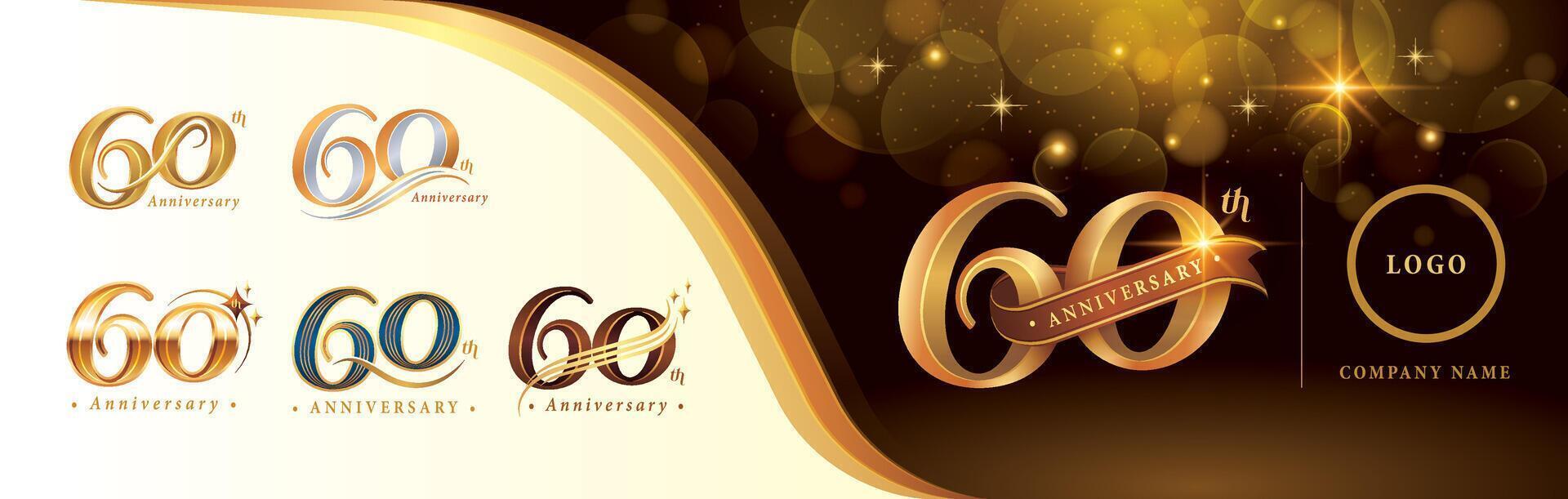 conjunto do 60 aniversário logótipo projeto, sessenta anos aniversário celebração logotipo, dourado luxo e retro serifa número 60. cartas vetor