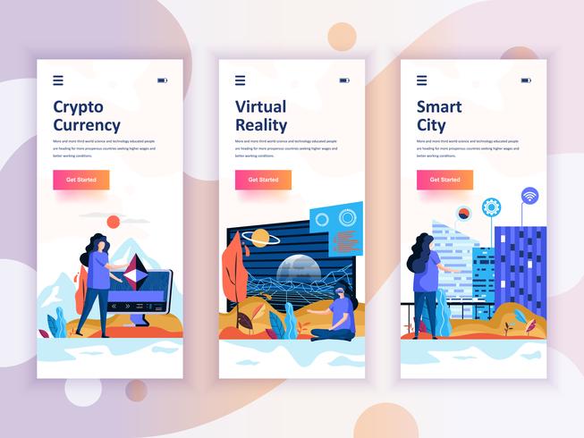 Conjunto de kit de interface de usuário de telas onboarding para Cryptocurrency, Smart City, realidade Virtual, conceito de modelos de aplicativo móvel. Modern UX, tela de interface do usuário para site móvel ou responsivo. Ilustração vetorial vetor