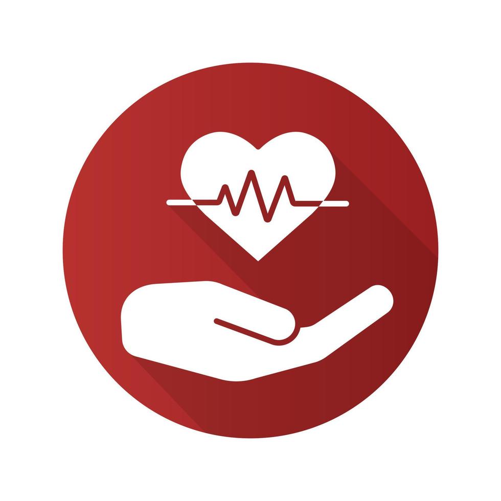 ícone de glifo de sombra longa de design plano de cuidados de coração. mão humana com curva de batimento cardíaco. ilustração da silhueta do vetor