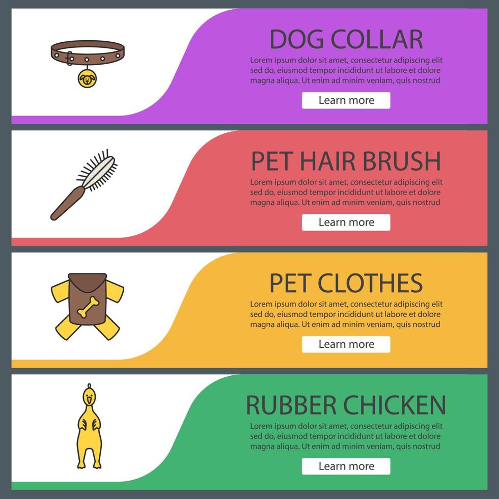animais de estimação fornece um conjunto de modelos de banner da web. coleira de cachorro, escova de pelo, roupas, frango de borracha. itens de menu de cores do site. conceitos de design de cabeçalhos de vetor