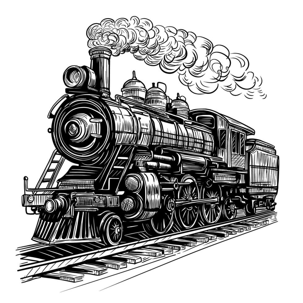 vintage vapor locomotiva esboço. estrada de ferro transporte vetor