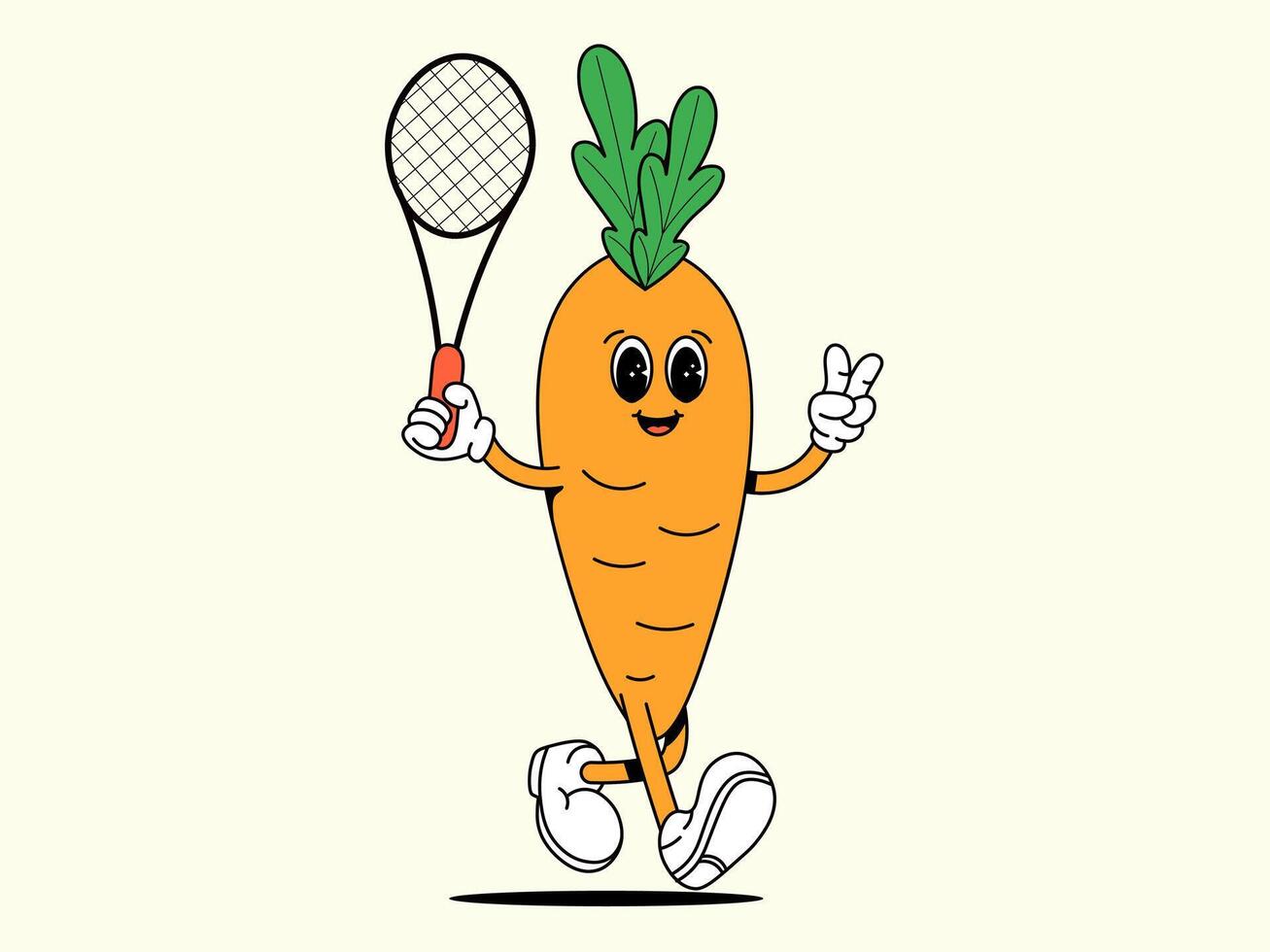 esporte cenoura com tênis raquete. laranja sulco vegetal. personagem do saudável Comida. retro vetor ilustração