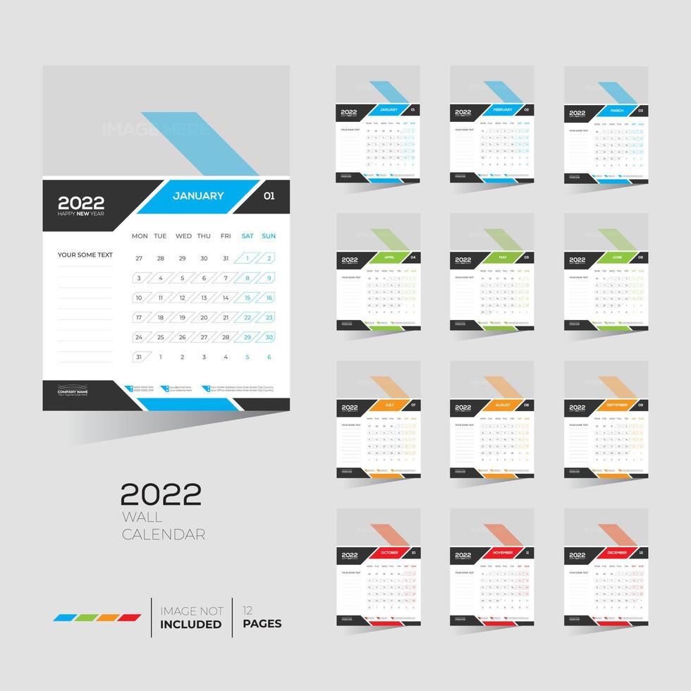 4 cores 12 meses 12 páginas 2022 design de calendário de parede para uso pessoal ou qualquer tipo de uso vetor