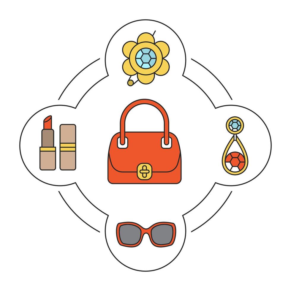 conjunto de ícones de cores de conteúdo de bolsa feminina. broche, brinco, óculos de sol, batom. ilustrações vetoriais isoladas vetor