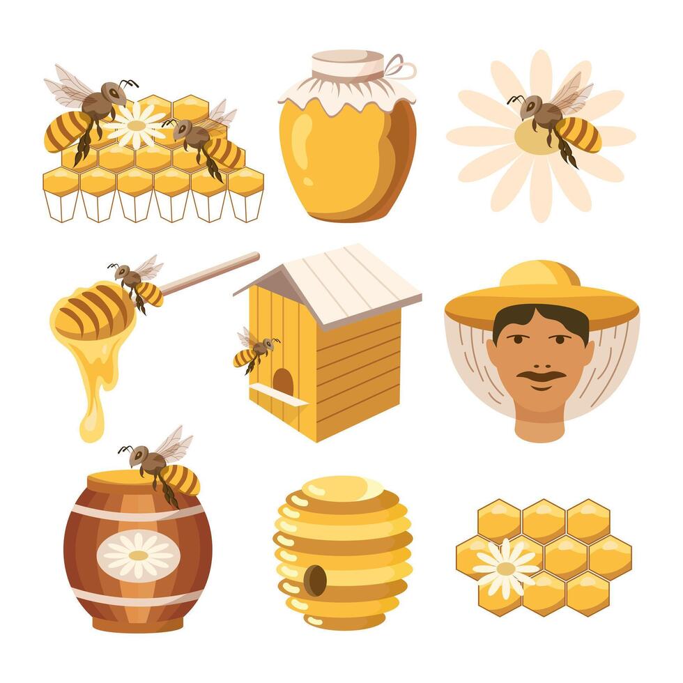 uma conjunto do ícones em a tema do mel, favos de mel, abelhas, colmeias, apicultor, barril com mel, colher. vetor