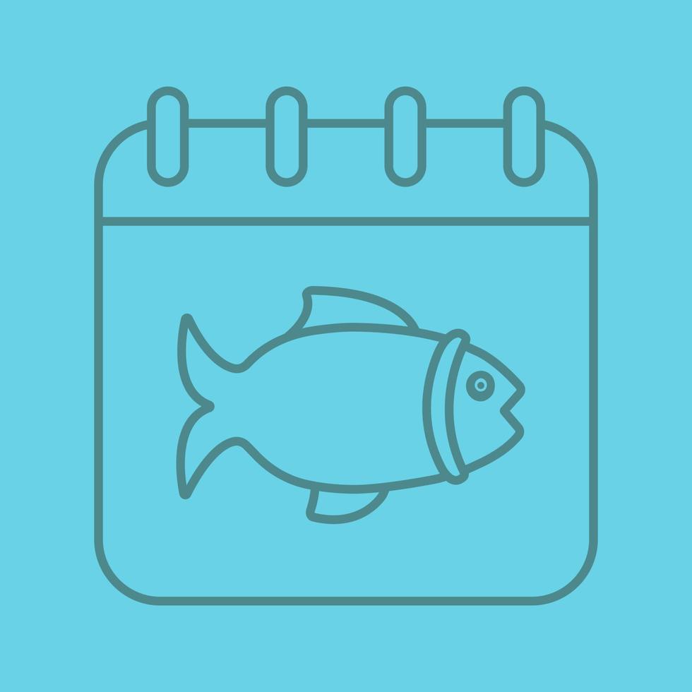 ícone linear de cor de dia de pesca. página do calendário com peixes. símbolos de contorno de linha fina na cor de fundo. ilustração vetorial vetor