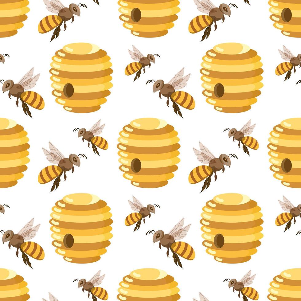 desatado padrão, colmeias com mel, abelhas e flores fundo, imprimir, vetor