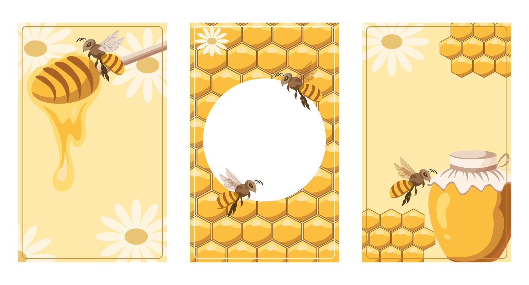 conjunto do cartazes com mel, a melhor natural produtos. querida faixas para cardápio, rótulo e local na rede Internet Projeto. cartazes com abelhas, favos de mel e mel. vetor