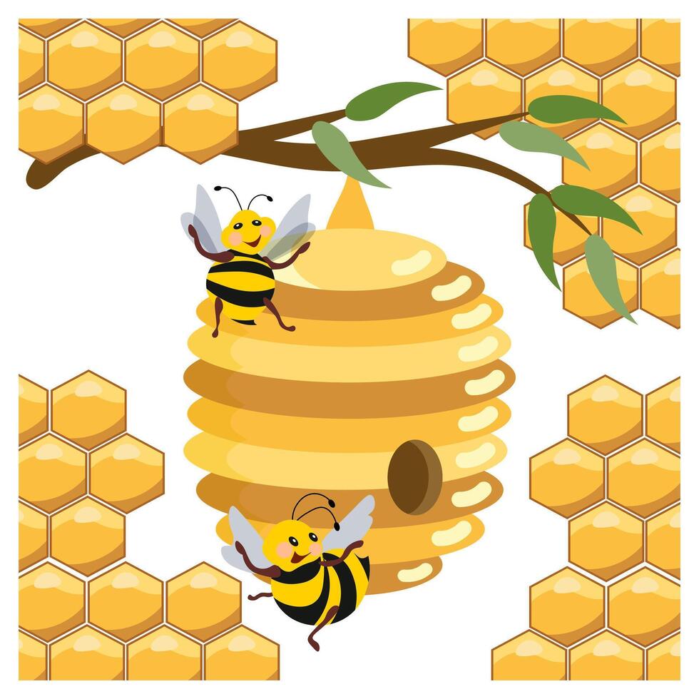 uma colméia em uma ramo e engraçado abelhas em a fundo do favos de mel. ilustração, imprimir, vetor