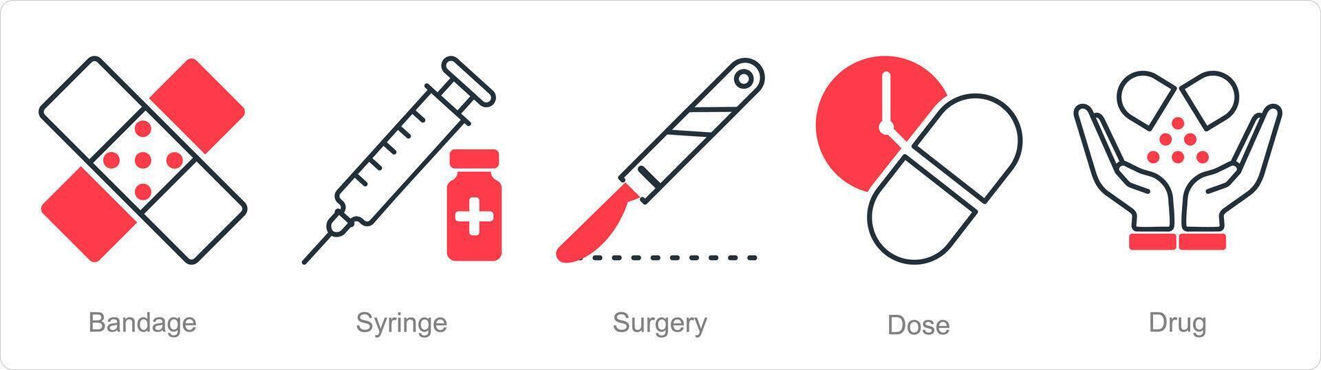 uma conjunto do 5 farmacia ícones Como curativo, seringa, cirurgia vetor