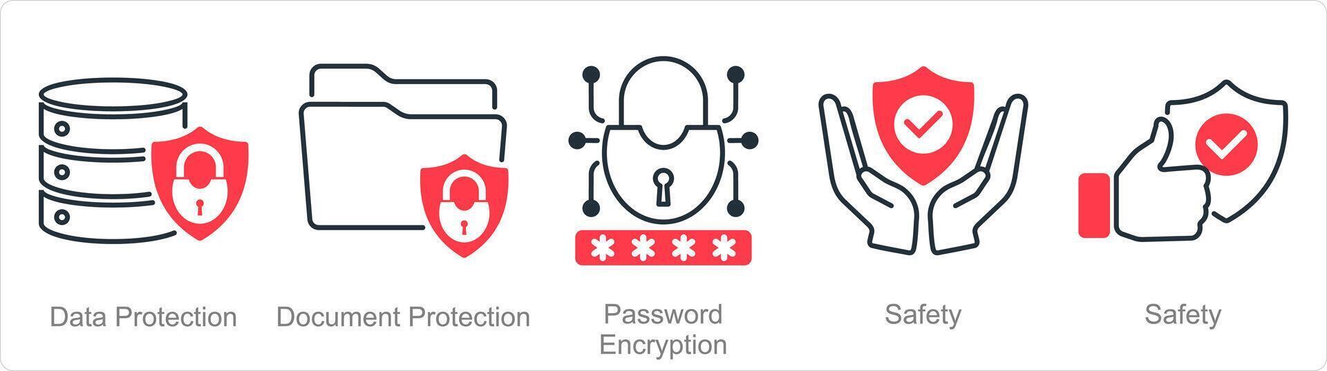 uma conjunto do 5 segurança ícones Como dados proteção, documento proteção, senha criptografia vetor